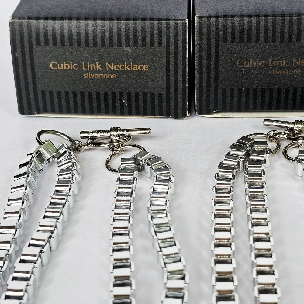 NIB Set of 3 90's Cubic Link Necklace Silvertone Toggle Box Chain Industrial Y2K